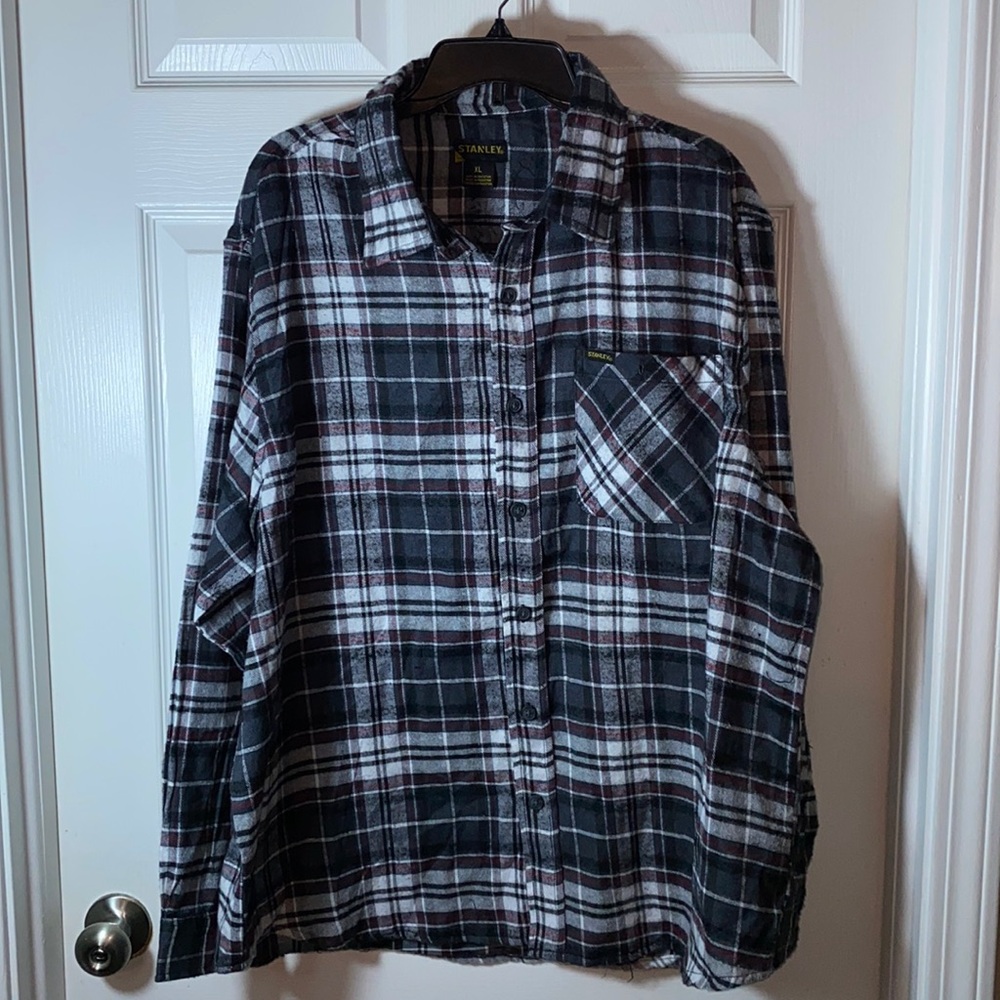 Stanley Work Shirt XL Black White Red Plaid Flannel Long Sleeve Cotton Blend